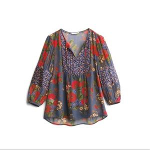 Pale Sky Boho Floral Ballie Tassel Detail Flowy Top 3/4 Sleeve Size L LIKE NEW